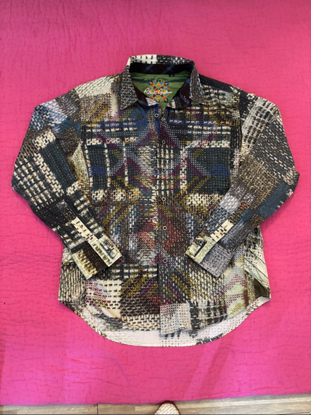 Robert Graham Multicolor embroidered Abstract Plaid Button-Up Shirt, M